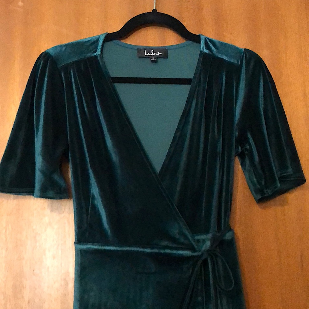 Lulu’s velvet dark green wrap dress.